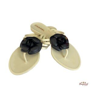Authentic CHANEL Camellia Flower Ivory Black CC Sandals 36 US 6